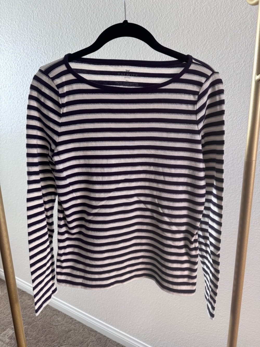 Talbots Navy and White lightweight Striped Metallic Trim Top